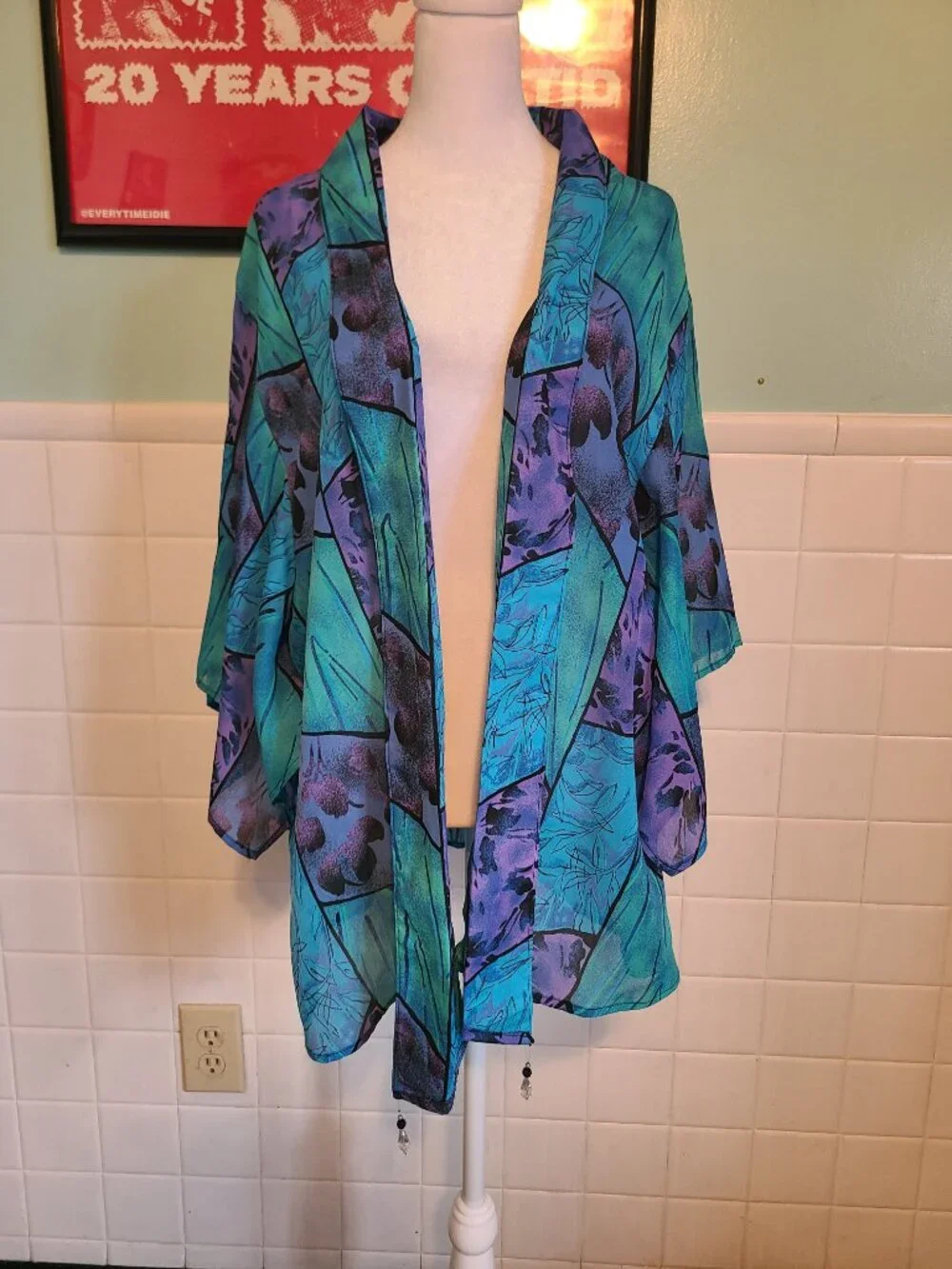 Vintage 90s Purple Teal Sheet Kimono Shawl Wrap Cover Up Whimsical Fairycore